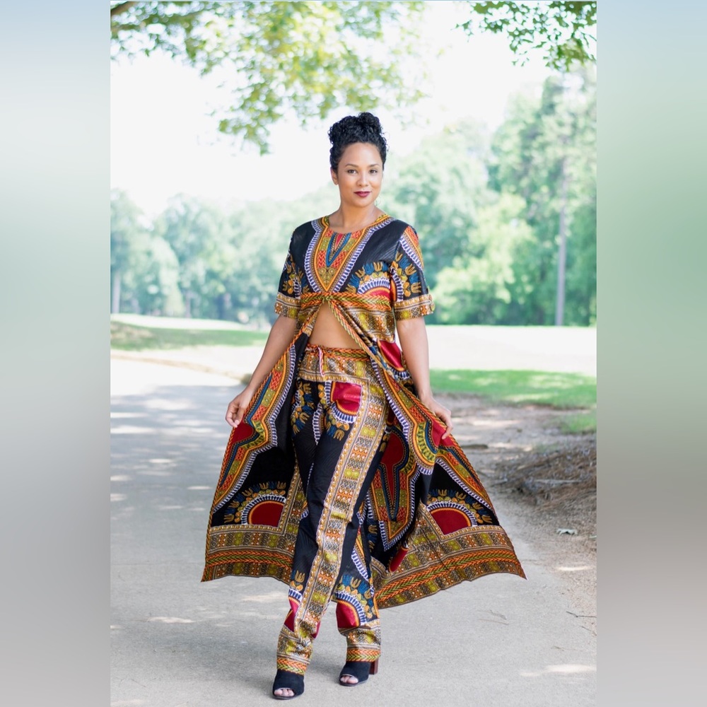 Handmade Black African Print Ankara Dashiki Two Piece Pants Set
